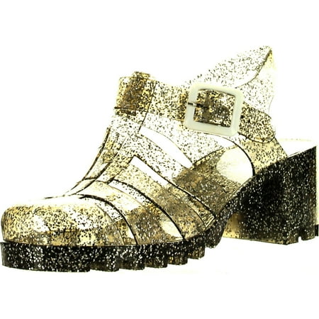 Strappy Slingback Sandals - New Womens Summer Retro Jelly Slingback Strappy Heel Rain Fisherman Sandals, Black Glitter, 5