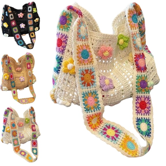 Women's Boho Embroidery Crossbody Bag, Women’s Crochet Ethnic Shoulder Bag, Hollow Out Knit Tote Handbag, Floral Pattern Summer Shoulder Bag for Vacation Shopping Outdoor Activities,Black,White