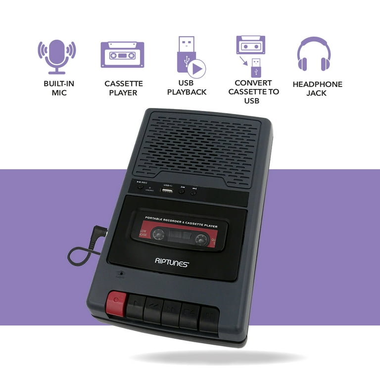Riptunes Portable Cassette Recorder Player, Tape to USB Audio Music Digital  Converter, Retro Classroom Shoebox Cassette Player and Recorder USB