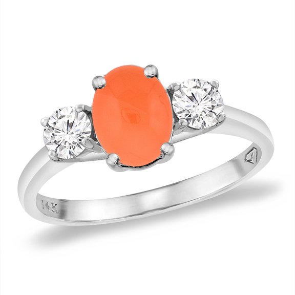 14K White Gold Natural Orange Moonstone & 2pc. Diamond Engagement Ring Oval 8x6 mm, size 7