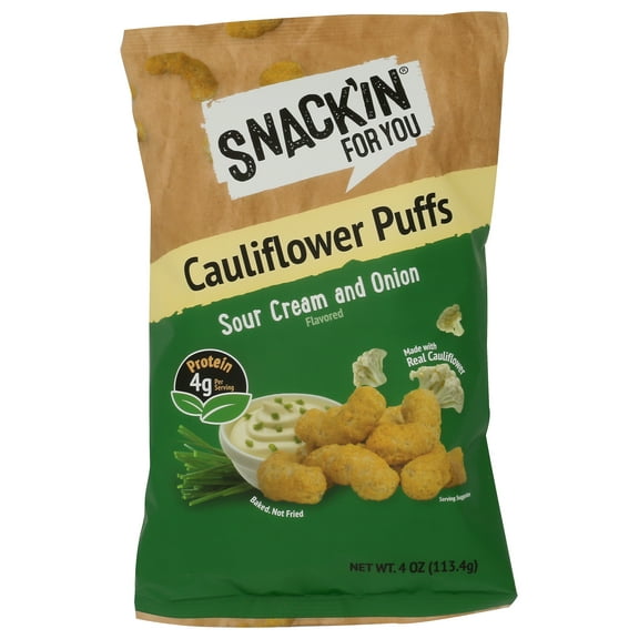 Pack of 12, Snackin For You Cauliflower Puffs Sour Cream and Onion, 4 oz