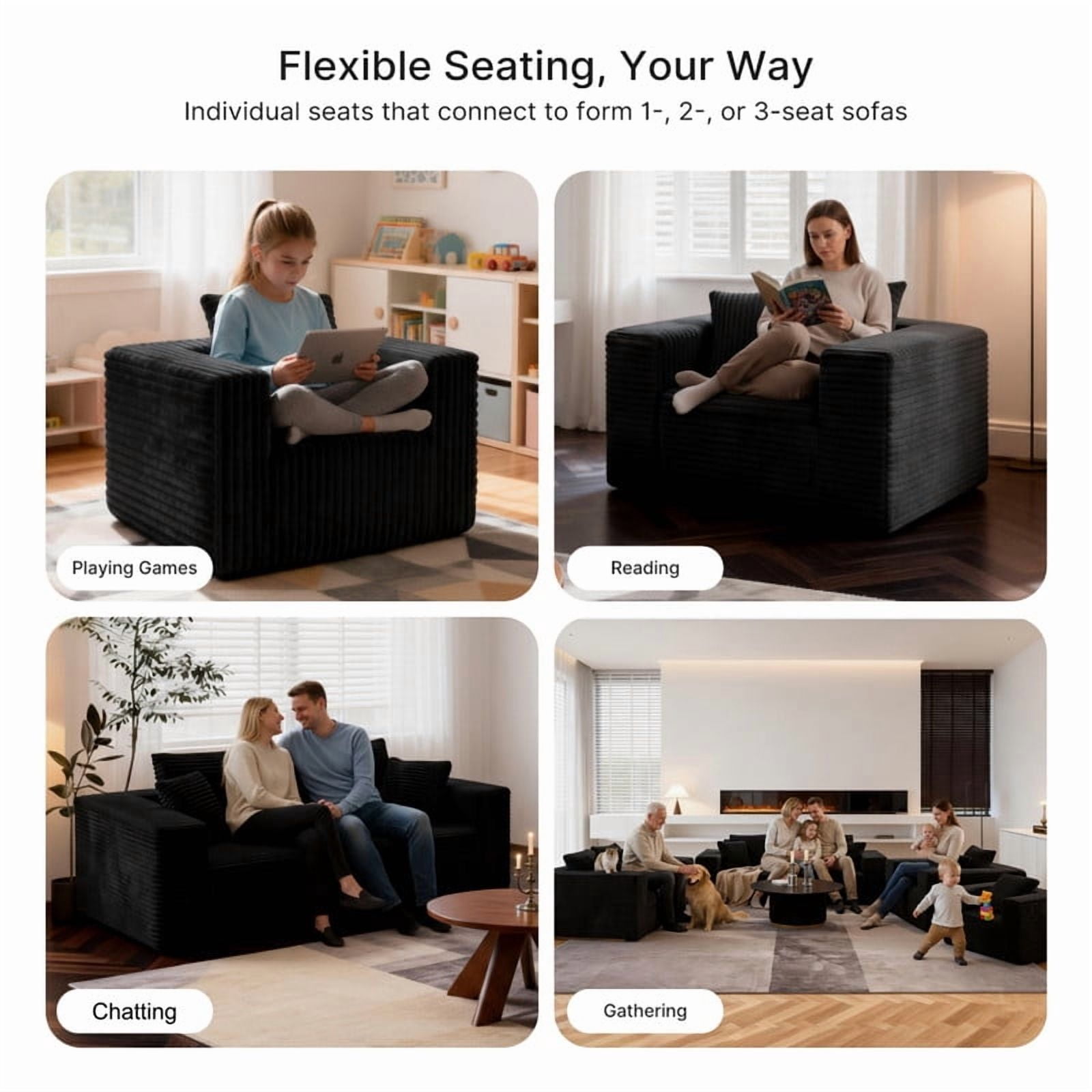 1Pcs Boneless Upholstered Sofa Chair, No Assembly Single Couch, Memory Foam Reading Armchair with Throw Pillow