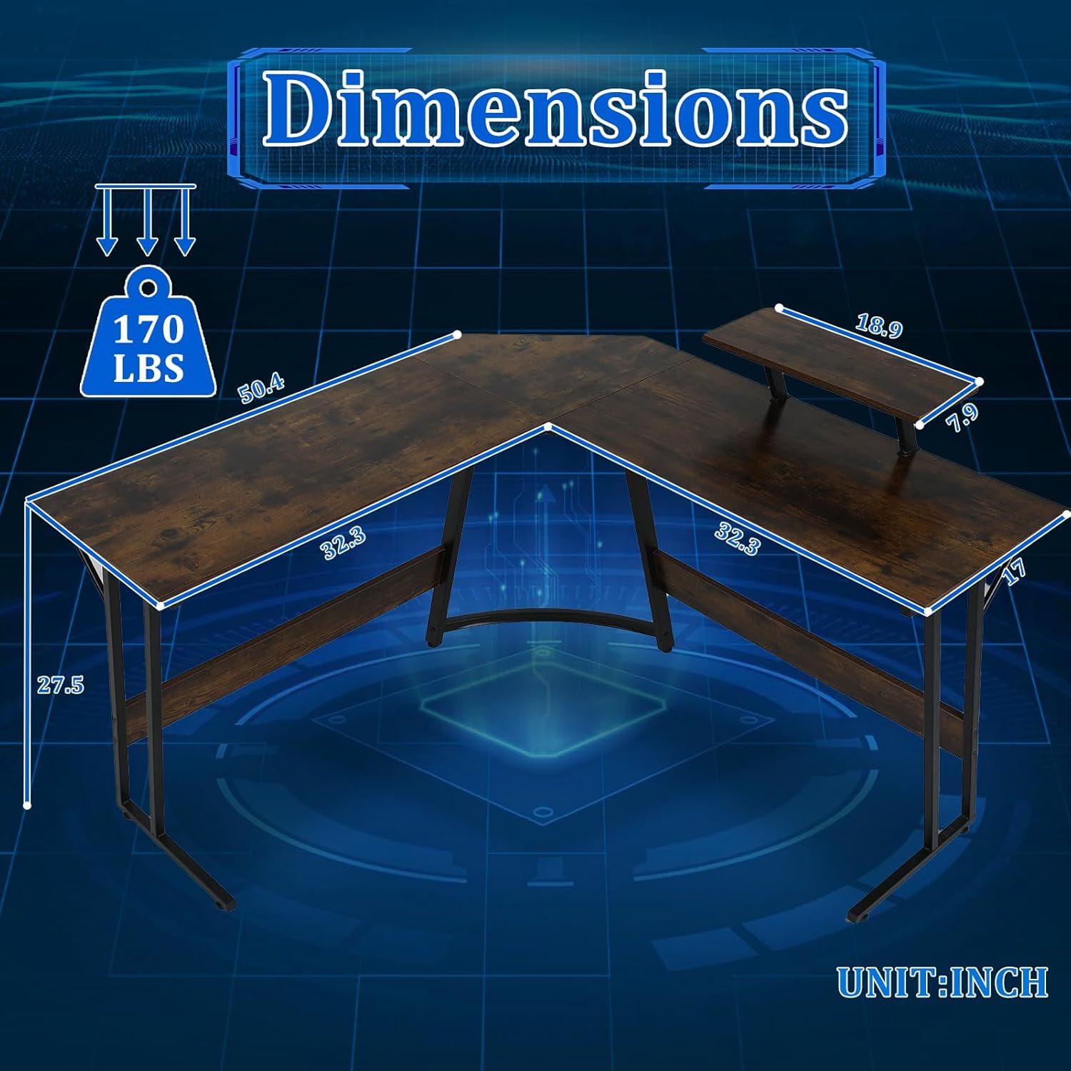 Dkelincs L Shaped Gaming Desk 50.4 inch Corner Computer Desk Table with Removable Shelf for Home Office, Brown