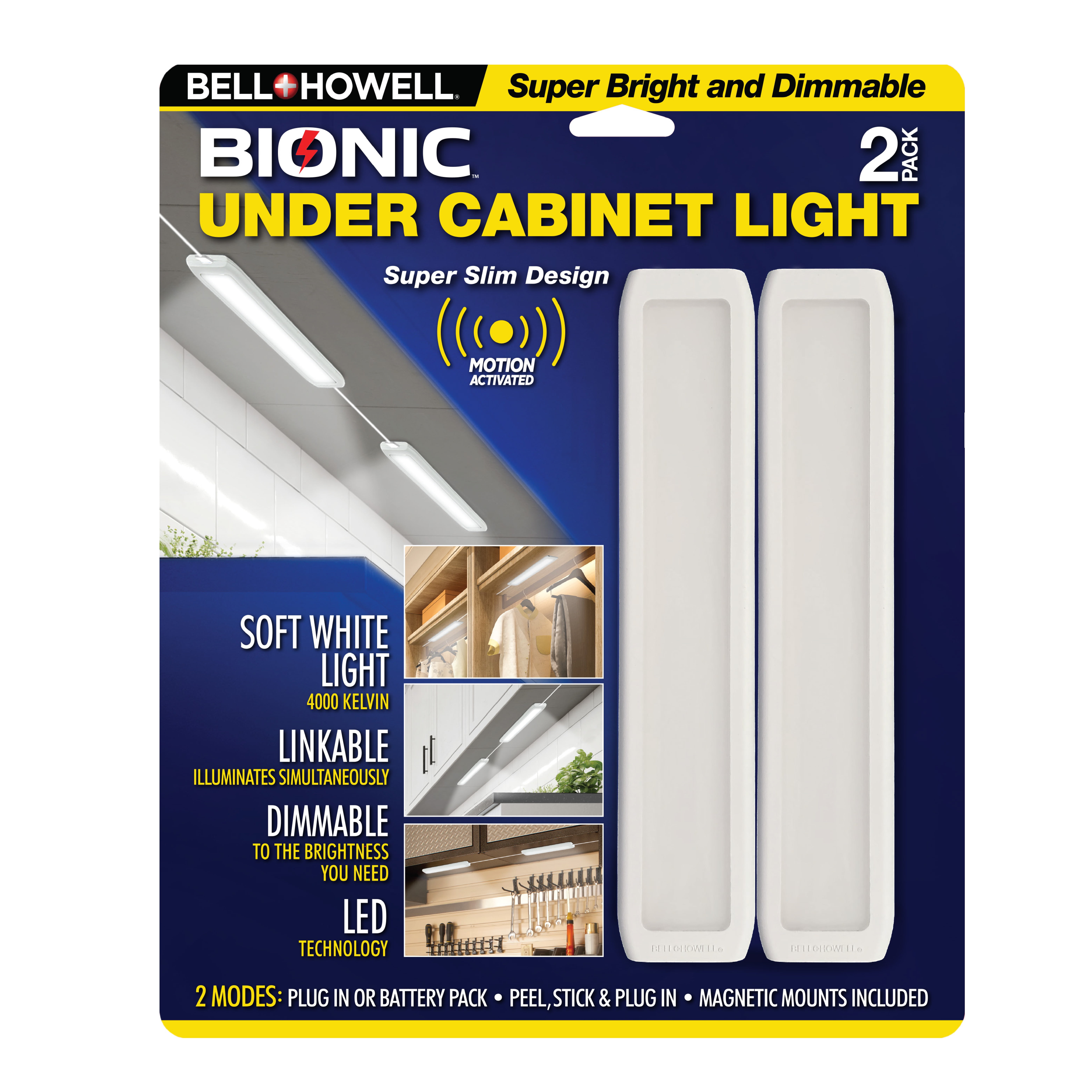 (3 pack) Bell + Howell Under Cabinet Lights 2 Pack Rechargeable LED Light 400 Lumens Motion Sensor Light