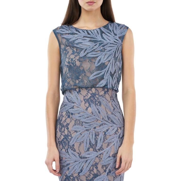 JS COLLECTIONS Womens Blue Zippered Lined Extended Shoulder Lace Sleeveless Jewel Neck Full Length Evening Blouson Dress 4 Walmart