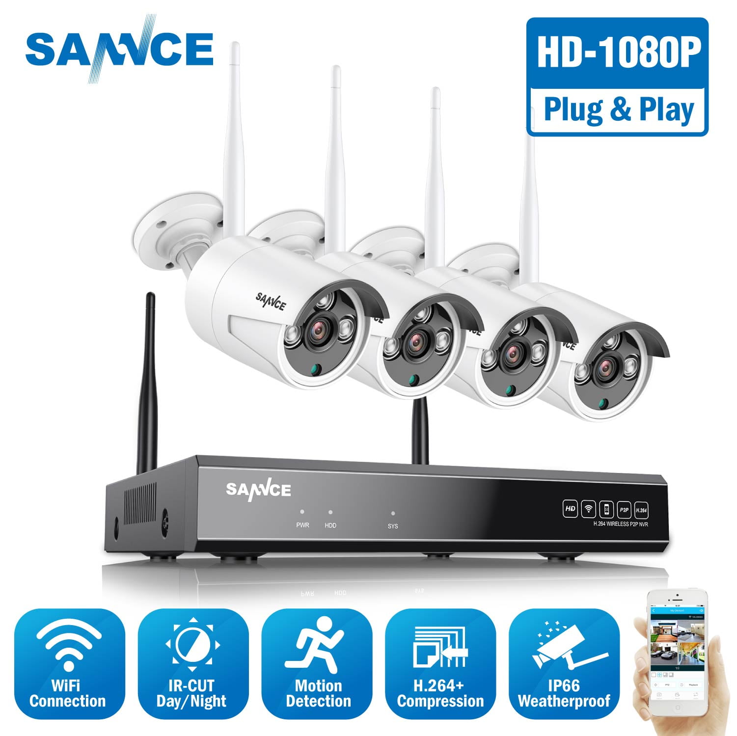 ANNKE 4CH Wireless Home Security Camera System 4 Channel 960P Video Surveillance CCTV NVR Kit 4 720P Wireless Outdoor Indoor WiFi IP Camera 100ft Night Vision 1TB HDD Motion Detection Remote Viewing
