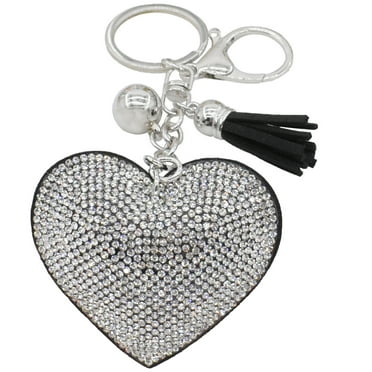 BEGOOD Heart Rhinestone Keychain Tassel Crystal Keyring Car Pendant Double Ring Closure Handbag Charm Purse Decoration Keychains Valentines Day Gifts White