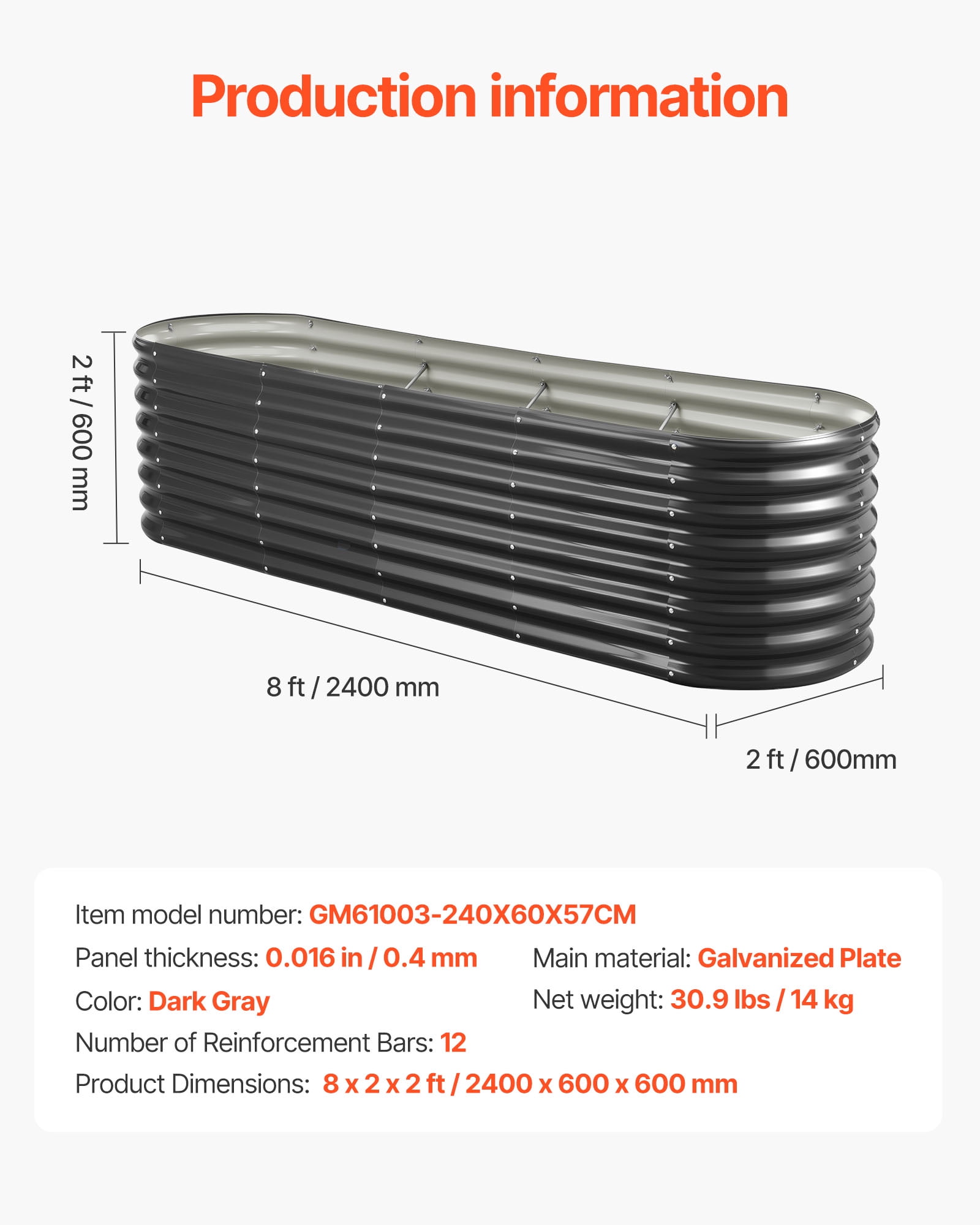 VEVOR Metal Raised Garden Bed, 8 x 2 x 2 ft Oval Outdoor Galvanized Planter Garden Box, Open Bottom Design, Large Planter Raised Bed for Growing Vegetables, Flowers, Herbs, and Succulents, Dark Gray