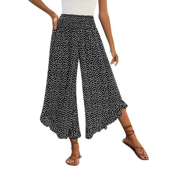 Staron Women's Casual Polka Dot Pants High Waist Wide Leg Trousers Elastic Waist Loose Fit Cropped Pants with Drawstring, Black M