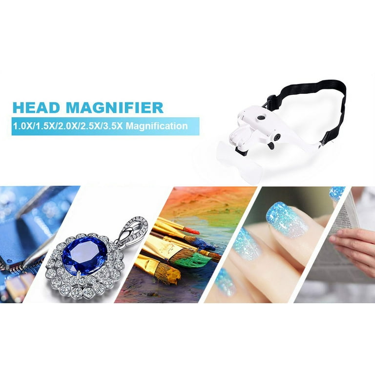 Hands Free Headband Magnifying Glass, USB Charging Head Magnifier with LED Light Jewelry Craft Watch Hobby 5 Lenses 1.0x 1.5x 2.0X 2.5x 3.5x (Upgraded