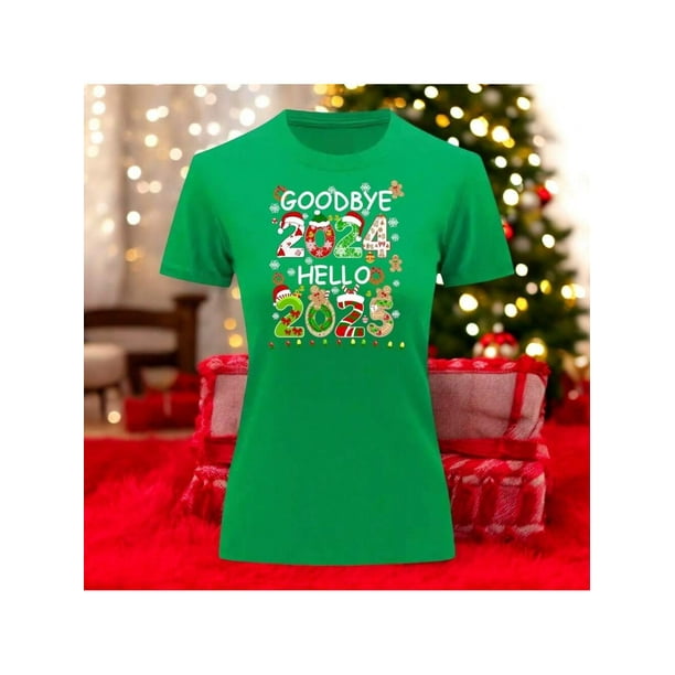 Playera Blusa Con Estampado De Goodbye 2024 Hello 2025 Fin De Año Año Nuevo Color Verde Talla Chica Marca Emil SaEs
