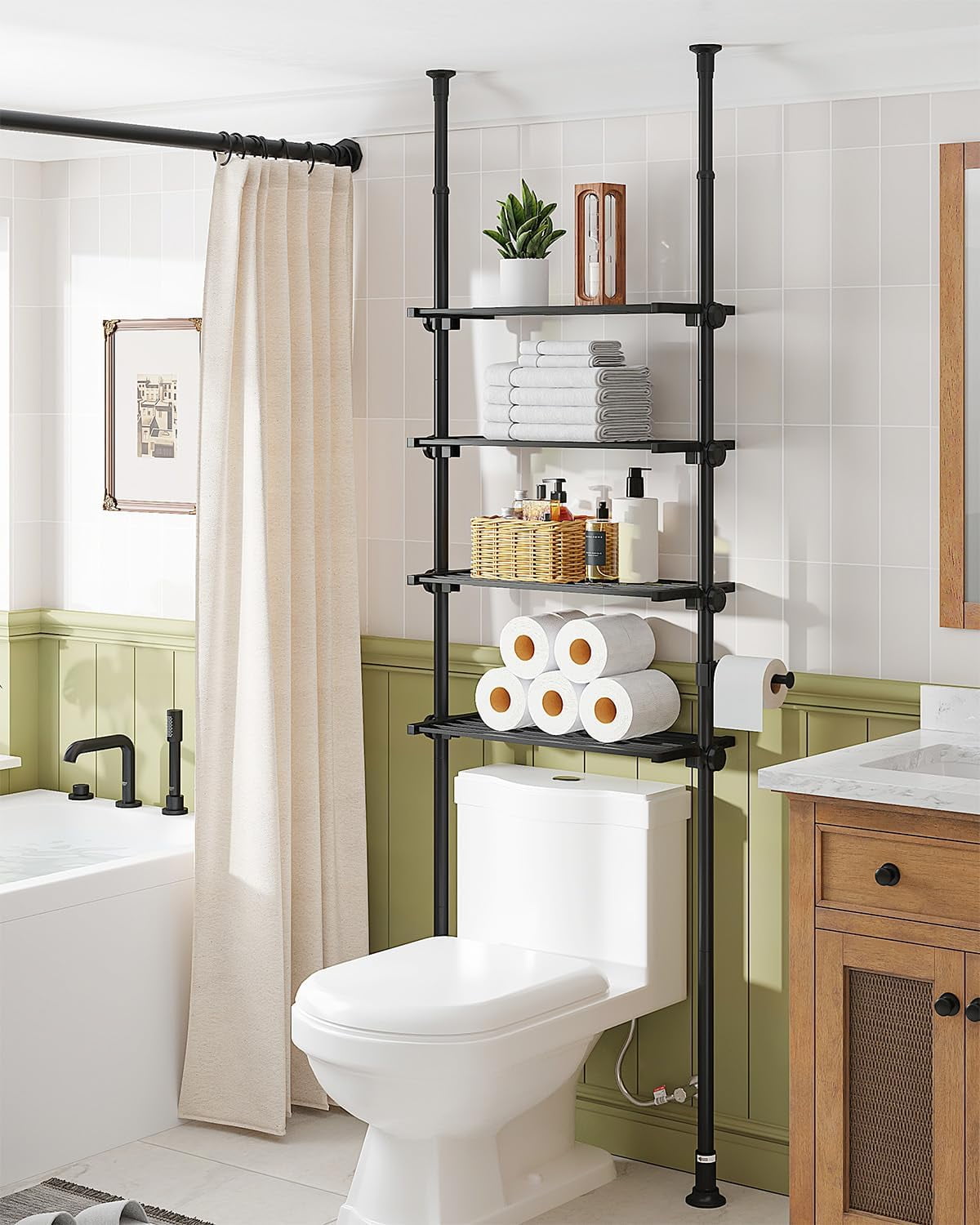 Adjustable Over The Toilet Storage Shelf, 4-Tier Ample Over Toilet Bathroom Organizer and Storage,Tension Mounted Above Toilet Storage Cabinet for Versatility, Fits 64-113 Inch Heights, White