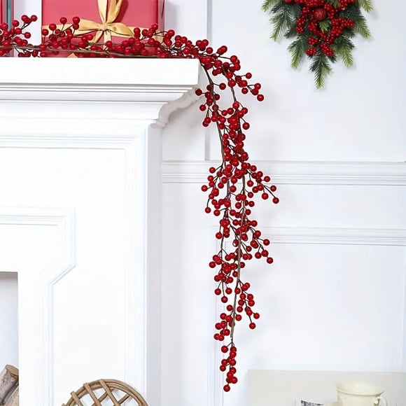 Vid de Navidad de bayas rojas - L, decoración de Navidad artificial de frutas rojas de Navidad, decoración de casa de rattan de bayas de Navidad