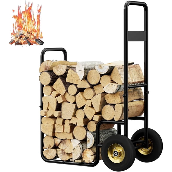 Portable Firewood Rack & Log Cart with Wheels - Heavy Duty 220LB Capacity Indoor/Outdoor Stand for Fireplace, Fire Pit, Patio - Black