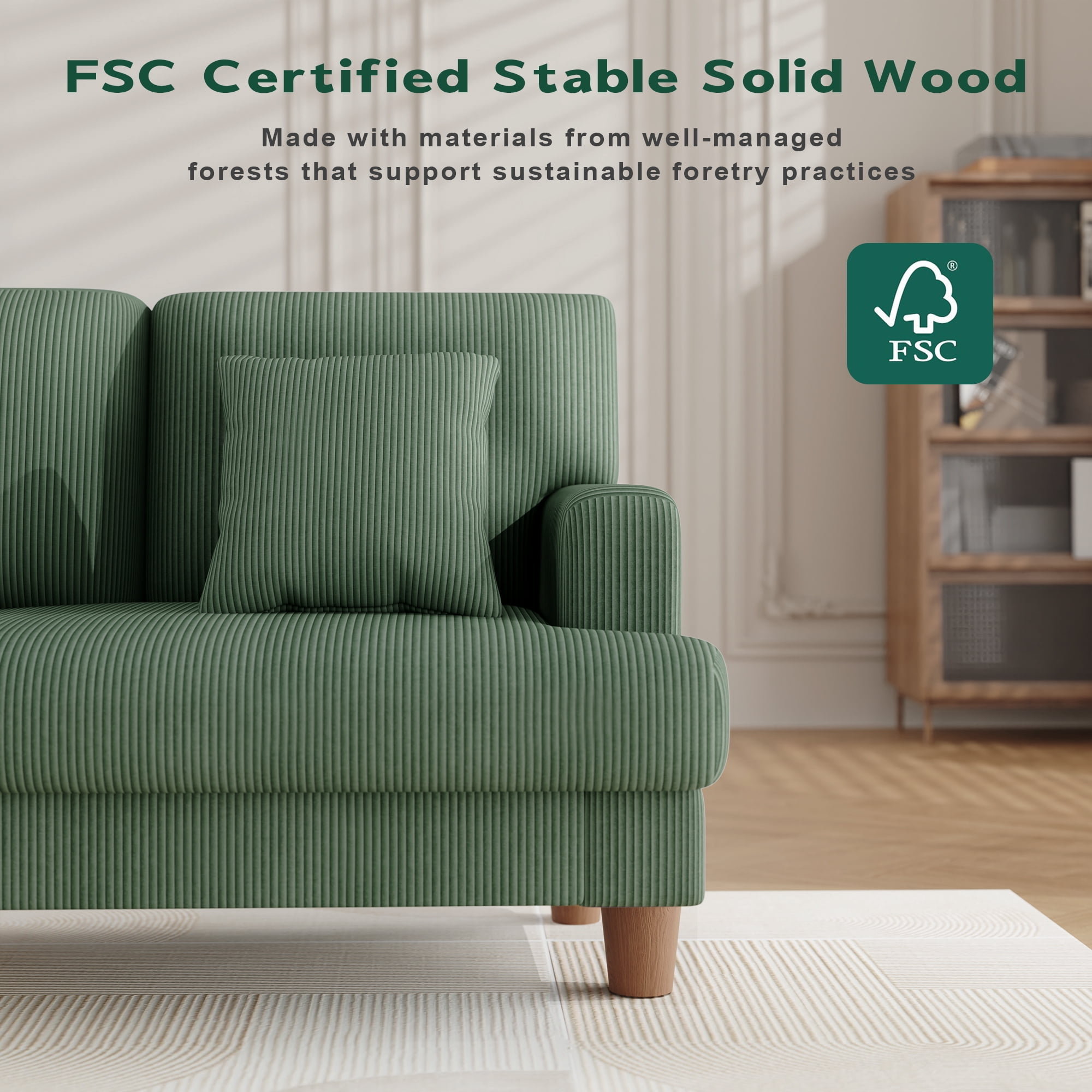 AAQZ 87" Corduroy Sofa Couch for Living Room, 3 Seater Deep Seat Comfy Couch in a Box, 2 Cushions, 2 Pillows Tool-Free Setup,Green