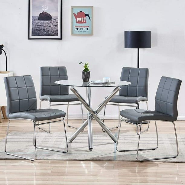 5pcs Kitchen Table Sets With Chairs, Glass Round Table And 4 Chairs