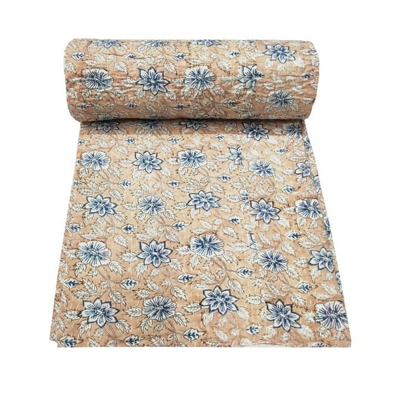 Hand Block Printed Kantha Quilt Indian Single Size Bedspread Bedding Cotton Throw Floral Print Blanket Throw