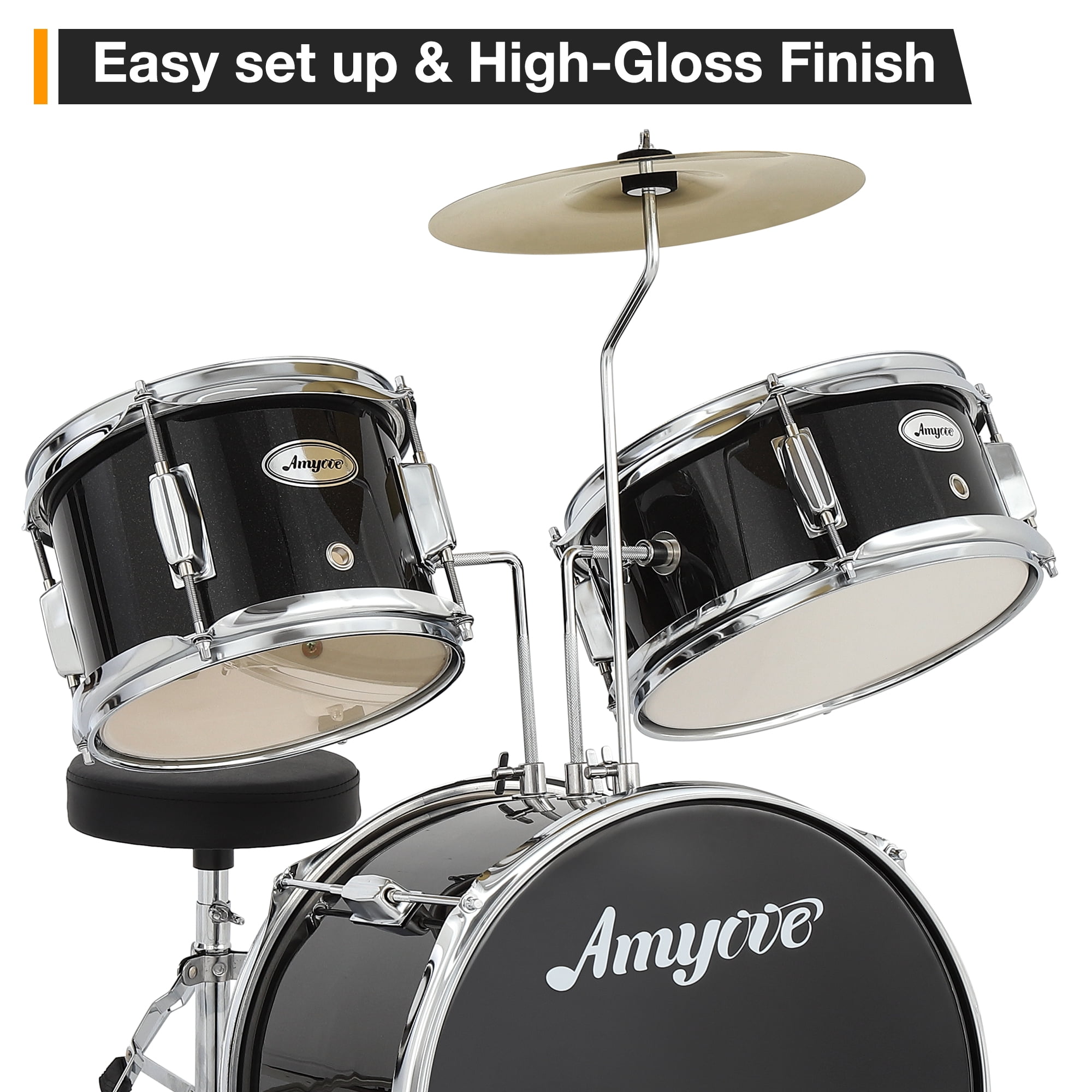 Drum Set, 3 Drum Acoustic Drum Set, Wood and Metal Structure, Black Finish, Junior Drum Set with Bass Tom Snare Drum