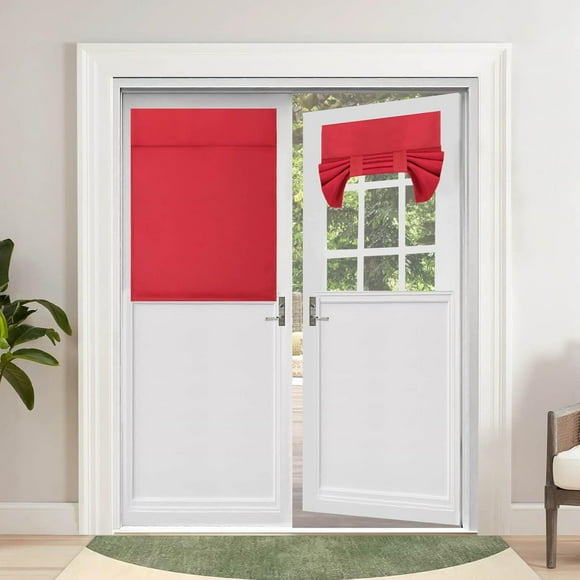 shiyou-Blackout French Door Curtains, Privacy Thermal Insulated Tie up Glass Shades, Easy to Install Tricia Window Shade, Front Door Curtain, W26 x L40 inch, Christmas Red, 1 Panel