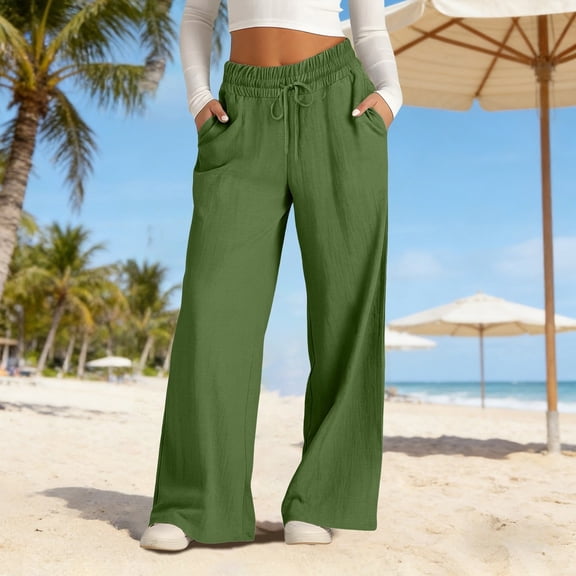 Kelon Women's Elastic Waist Linen Pants High Waisted Wide Leg with Pockets Breathable Loose Fit Casual Summer Beach