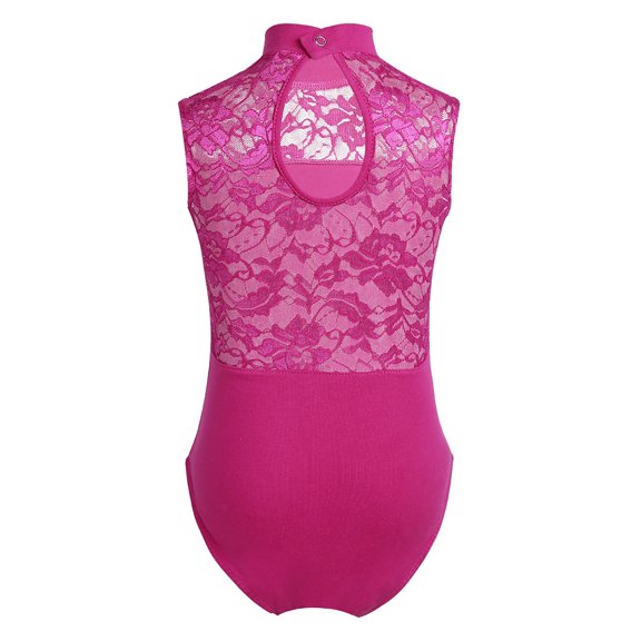iEFiEL Girls' Rose Red-B Sleeveless Polyester Lace Leotard, Size 7-8