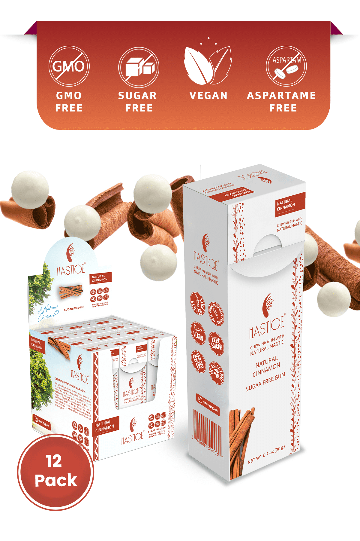 Mastiqe Sugar Free Chewing Gum with Natural Mastic -Cinnamon (12-Box)