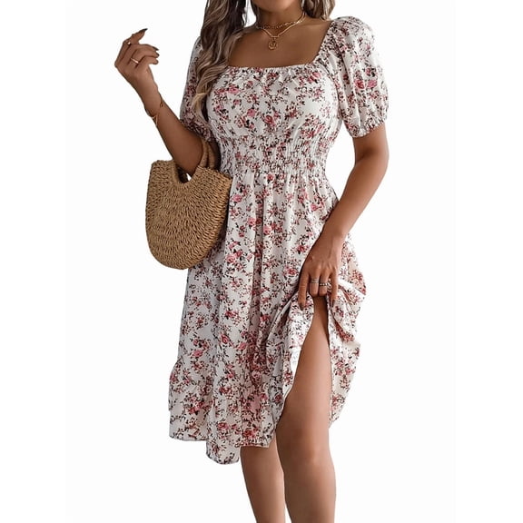 Women Off Shoulder Dress Floral Puff Sleeve Knee-Length A-Line Square-Neck Dresses White S