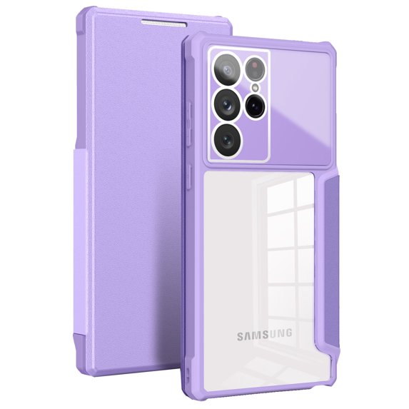 SaniMore for Samsung Galaxy S22 Ultra Case Transparent PC & Soft TPU Built-in Electroplated Lens Ring, Magnetic Flip Cover with Card Slot & Kickstand Shockproof Protective Shell, Purple