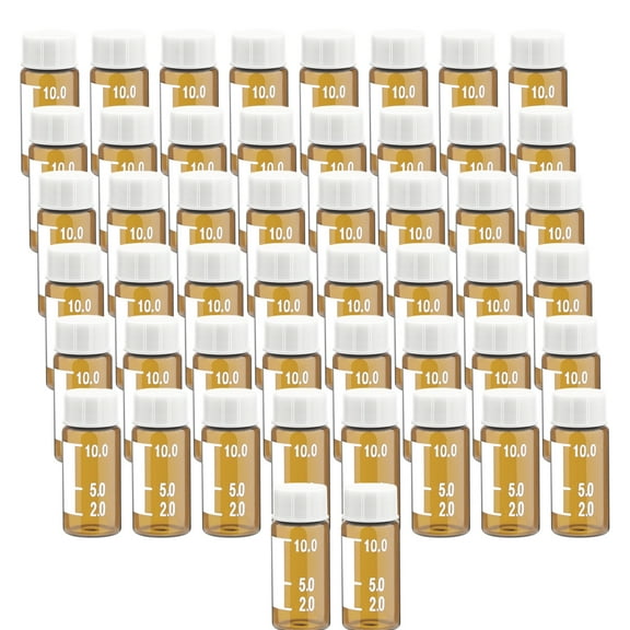 50 Pieces Graduated Glass Sample Vial, Liquid Sampling Small Glass Bottle with Writing Patch and White Plastic Screw Caps (10ML, Brown)