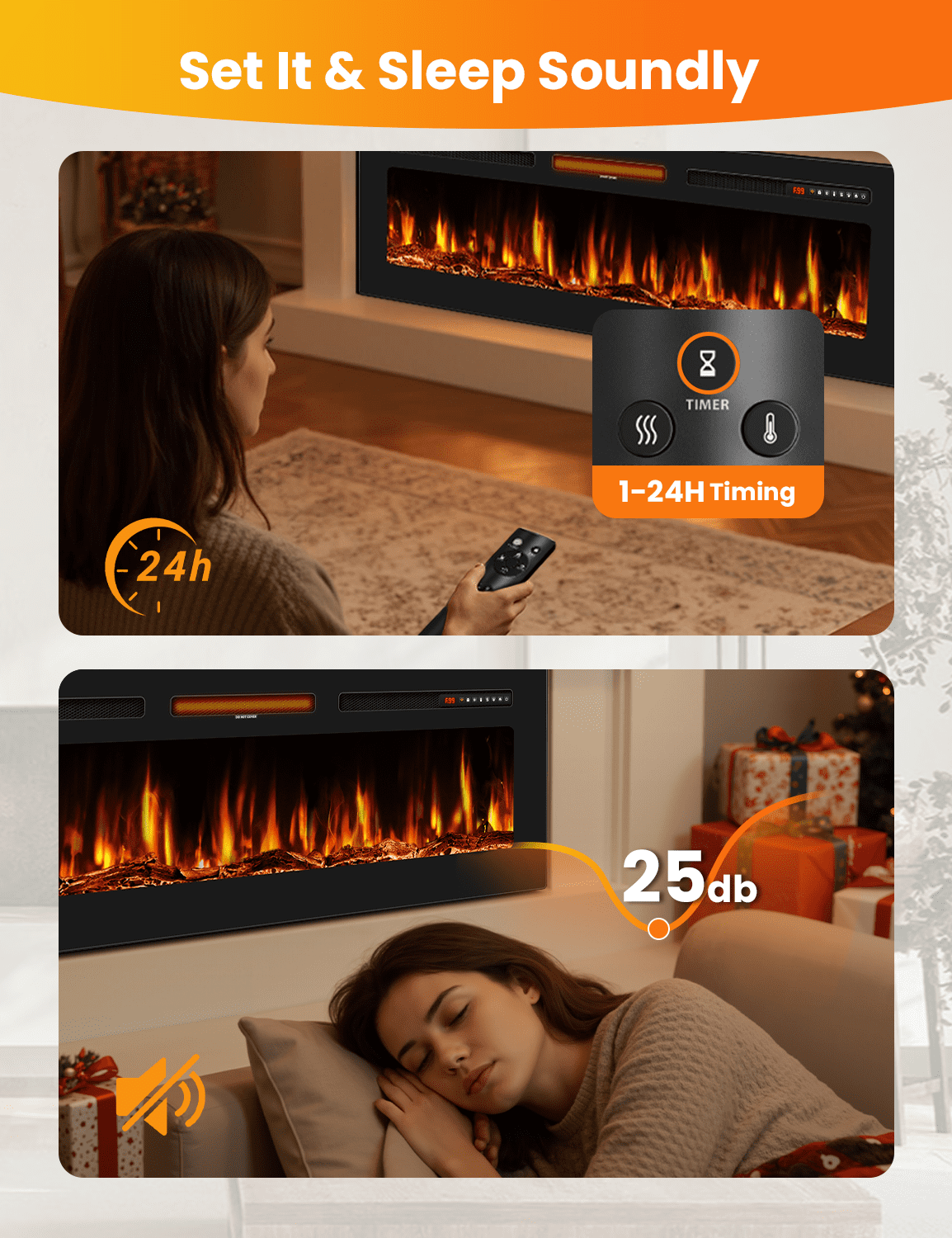 Patiosunny 50" WiFi Electric Fireplace, Freestanding/Inserts/Wall Mounted Fireplace Heater, 12 Flame Colours, with WiFi Remote Control&Smart App, 12H Timer, for Living Rooms and Bedrooms