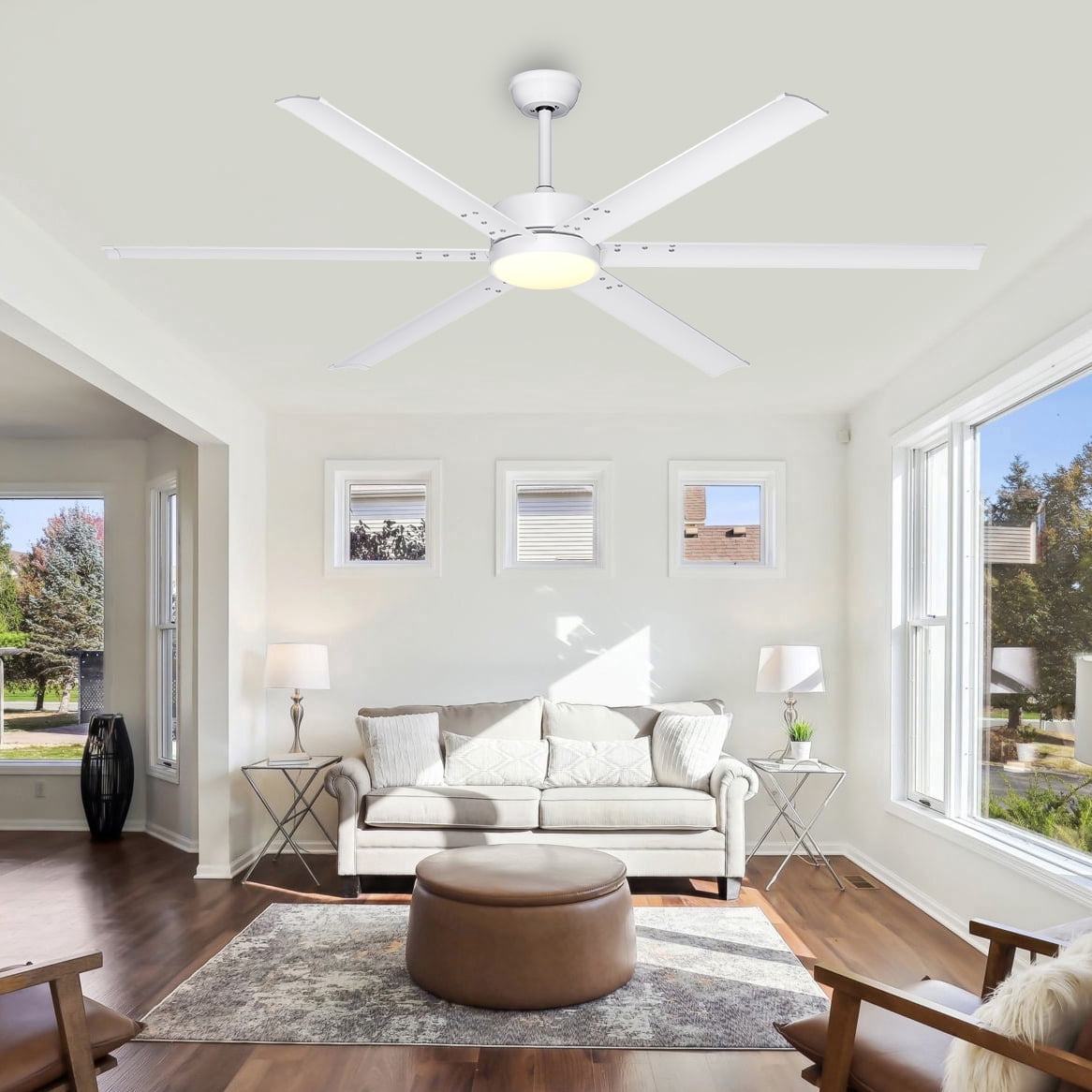 Ohniyou 72" Farmhouse Ceiling Fan with Lights and Remote 6 Metal Blades Large Indoor Outdoor Ceiling Fan for Industrial Patios Living Room Garage, White