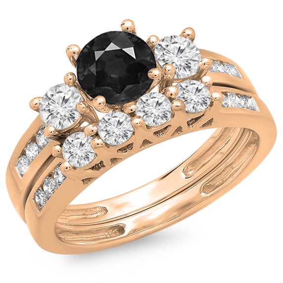 1.80 Carat (ctw) 14K Rose Gold Round Black & White Diamond Ladies Bridal 3 Stone Engagement Ring With Matching Band Set