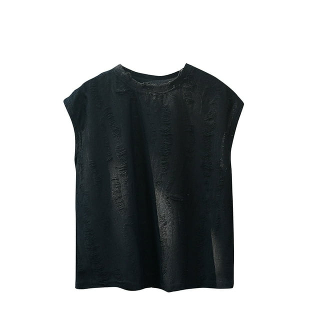2025 3-11Y Kids Boys Ripped Tank Tops Round Neck Solid Color Distressed Sleeveless Denim T Shirts Black