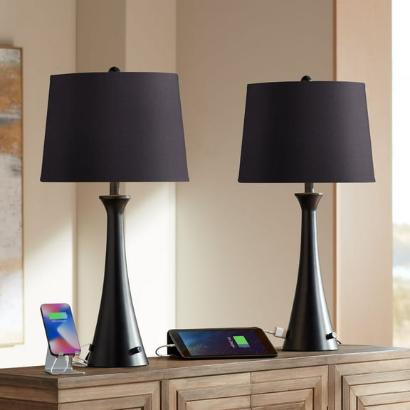 360 Lighting Karl Modern Table Lamps 28 1/4" Tall Set of 2 Black Metal with USB and AC Power Outlet in Base Faux Silk Shade for Bedroom House Home