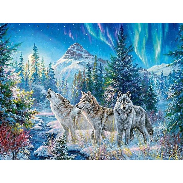 Juego de pintura de diamante 5D para niños y adultos de 30 x 40 cm, lobos en el bosque, manualidades con bordado de diamantes, pintura de diamantes de imitación de cristal en lienzo