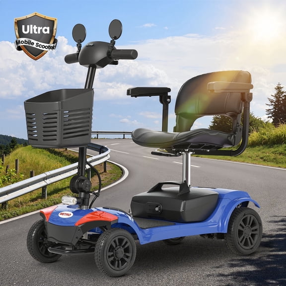 Segmart 4-Wheel Mobility Scooter for Seniors and Adults, Detachable Electric Scooter with Shock Absorption, 9-Inch Rear Wheels, 360° Swivel Seat, Electromagnetic Brake and LED Lights, Blue