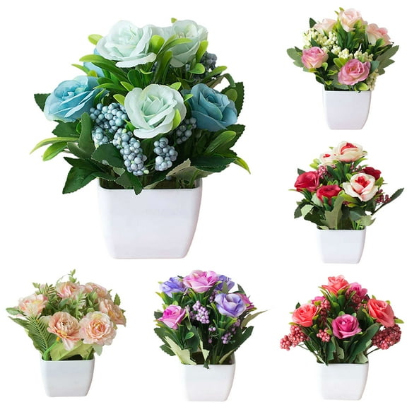 D-GROEE European Style Artificial Flowers in Vase Decor Tea Rose Flower Arrangements Fake Faux Flowers Bouquets Table Centerpieces Holiday Dinning Coffee Room Kitchen