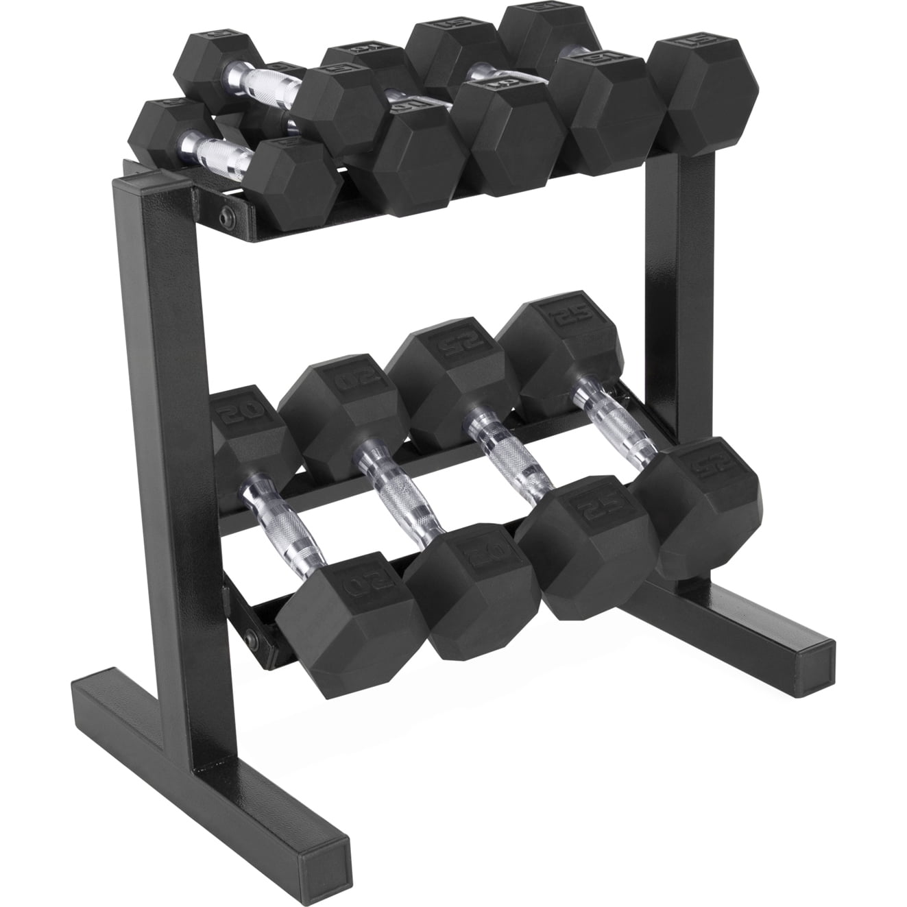 CAP 150 lb Rubber Hex Dumbbell Weight Set, 5-25 lb with Black Rack by Cap Barbell