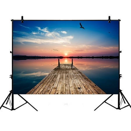 PHFZK 7x5ft Seascape Backdrops, Bird Flying the Wooden Bridge at Sunrise Photography Backdrops Polyester Photo Background Studio