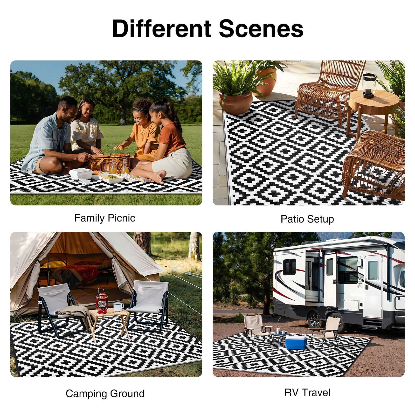 Smiry Outdoor Rug 9x12, Waterproof Reversible Plastic Outdoor Mat, Indoor Outdoor Rugs for Patio, RV, Deck, Porch, Black & White