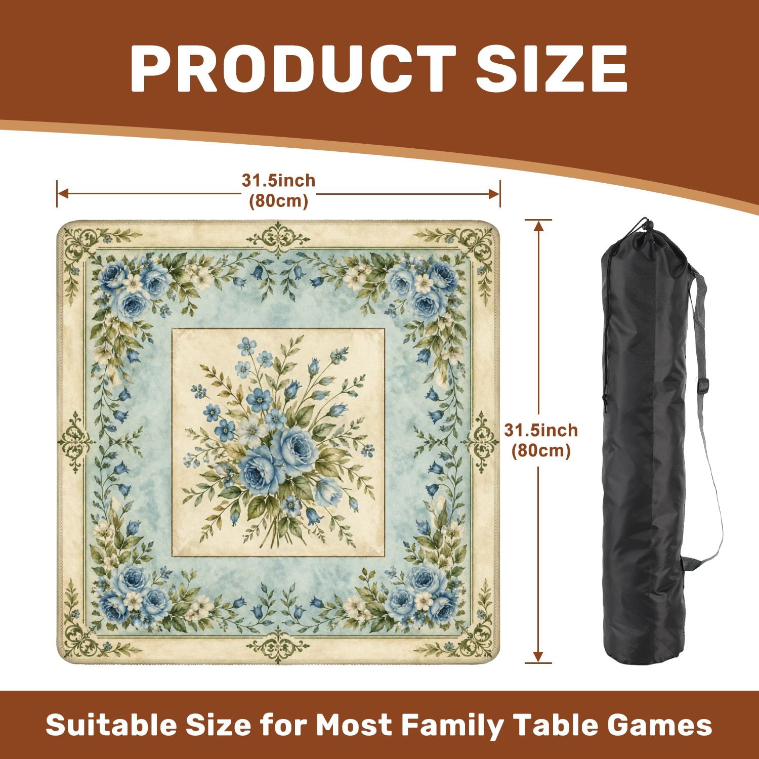 Mahjong Mat 31.5" x 31.5" Blue White Floral Bouquet Vintage Ornamental Frame Non-Slip Noise Reduction American Mahjong Tiles Table Cover for Dominoes Poker Card Board Games Gift