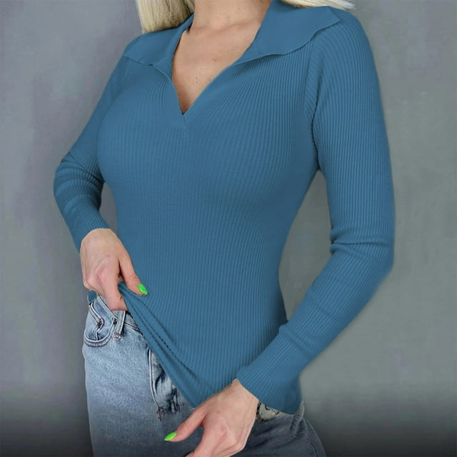 EGNMCR Chandail à Col en V Mode Femme Décontracté Col en V Manches Longues Couleur Unie Chandail Tricoté de Base Femme Blouse en Polyester