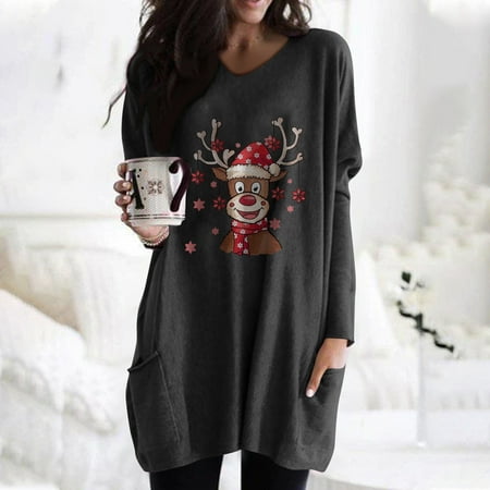 

jsaierl Womens Christmas Sweatshirt Dresses Long Sleeve Crewneck Cute Elk Shirts Oversized Tunic Tops Long Sweatshirt with Pocket
