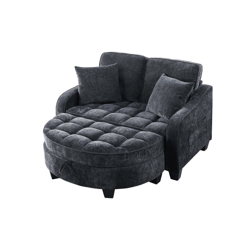 Double Sofa Chaise Lounge with 2 Pillows and Irregular Armrests, 2-Seater Sofa with Storage Ottoman, Convertible Sleeper Sofa Bed for Living Room Bedroom