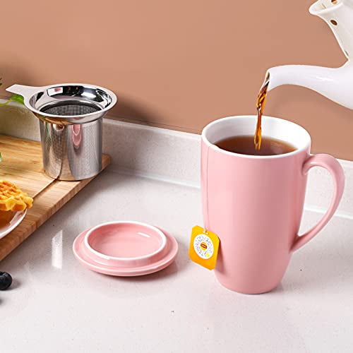 CEEFU Porcelain Tea Mug with Infuser and Lid, Teaware with Filter and Coaster, Loose Leaf Tea Cup Steeper Maker, 16 oz for Tea/Coffee/Milk/Women
