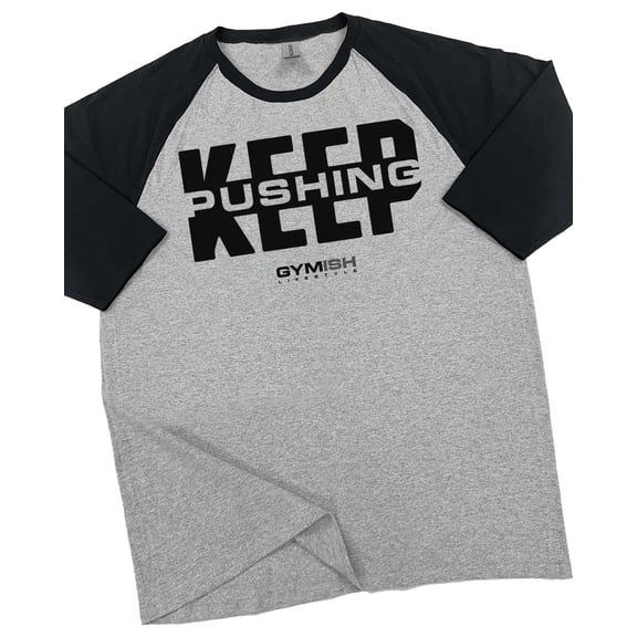 GYMISH RAGLAN Keep Pushing Workout Gym T-Shirt for Men – Funny Gym Shirt, Motivational Fitness Tee, Heather Grey, Small