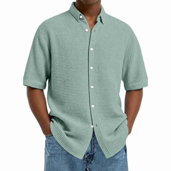 Blczomt Green Mens Short Sleeve Shirts Casual Waffle Soft Button Down Tee Shirt Button Up Plain Summer Mens Tees