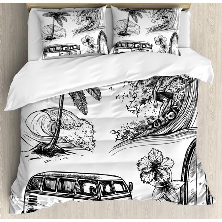 Surf Duvet Cover Set Surfing Sport Surfboard Beach Van Sketch
