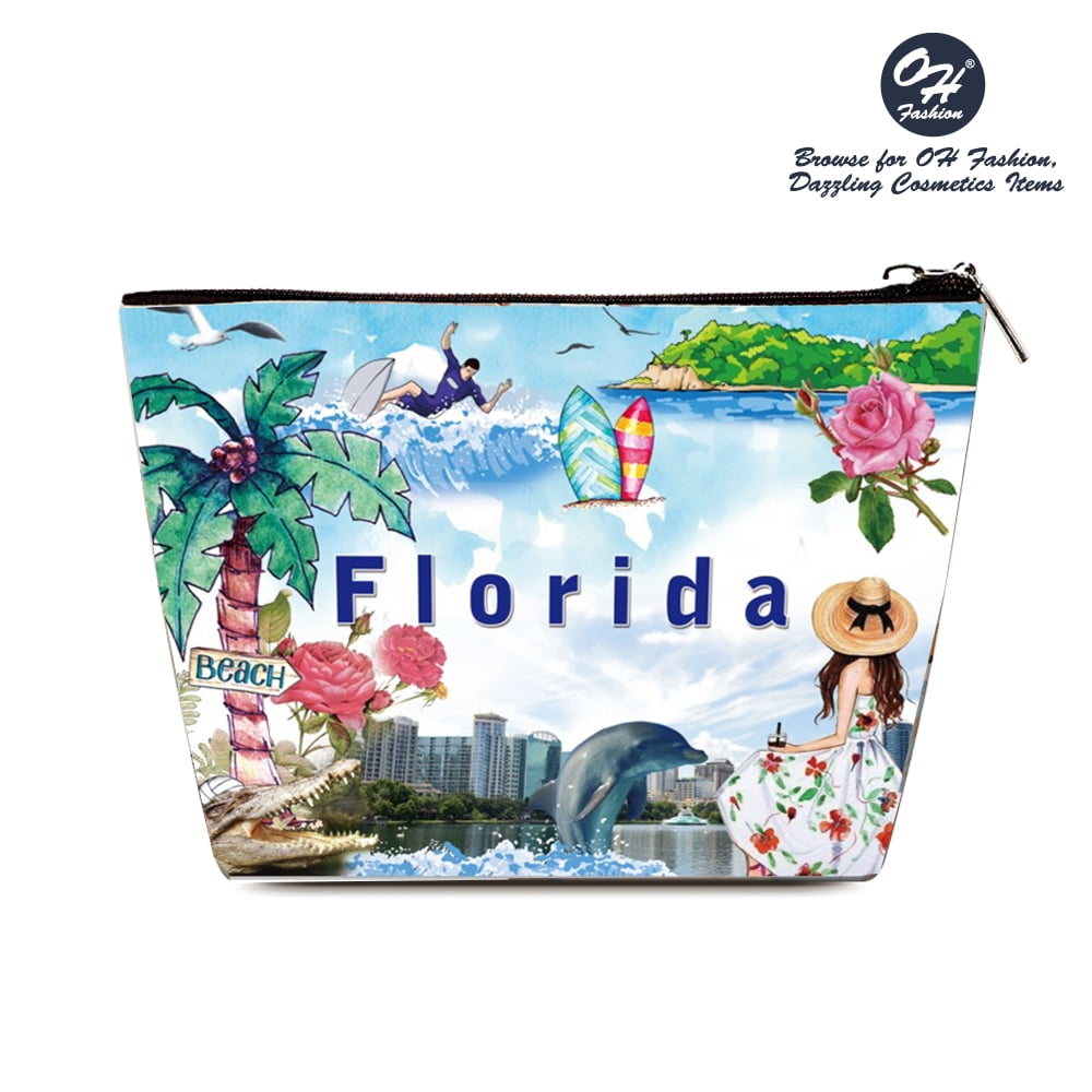 OH Fashion Cosmetic Bag Summer Florida Women Travel Bag Make up Bag Clutch Bag Vanity Case Toiletry Bag Beach Bag Cities Design Medium Size