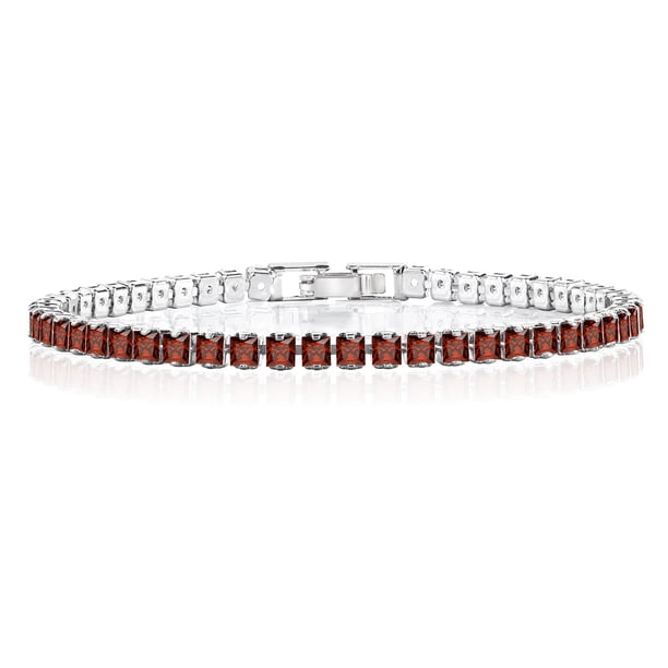 JeenMata 5.5 TCW Corte Princesa Enero - Granate - Pulsera de tenis con piedra natal para mujer Diseño de eternidad - Chapado en oro blanco, cumpleaños, aniversario, regalo del día de San Valentín